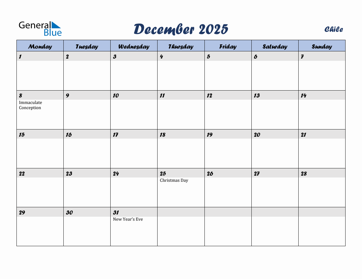 December 2025 Monthly Calendar Template with Holidays for Chile