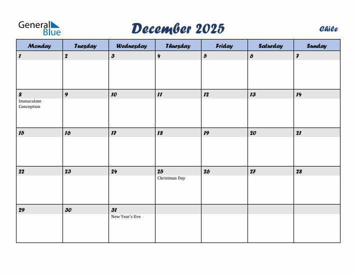 December 2025 Calendar with Holidays in Chile
