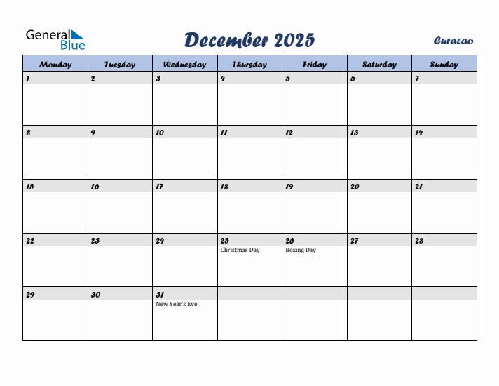 December 2025 Calendar with Holidays in Curacao