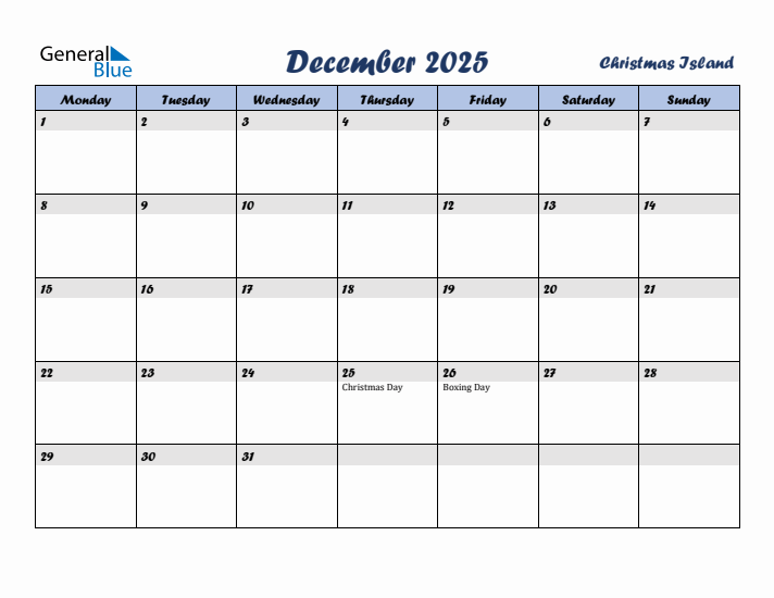 December 2025 Calendar with Holidays in Christmas Island