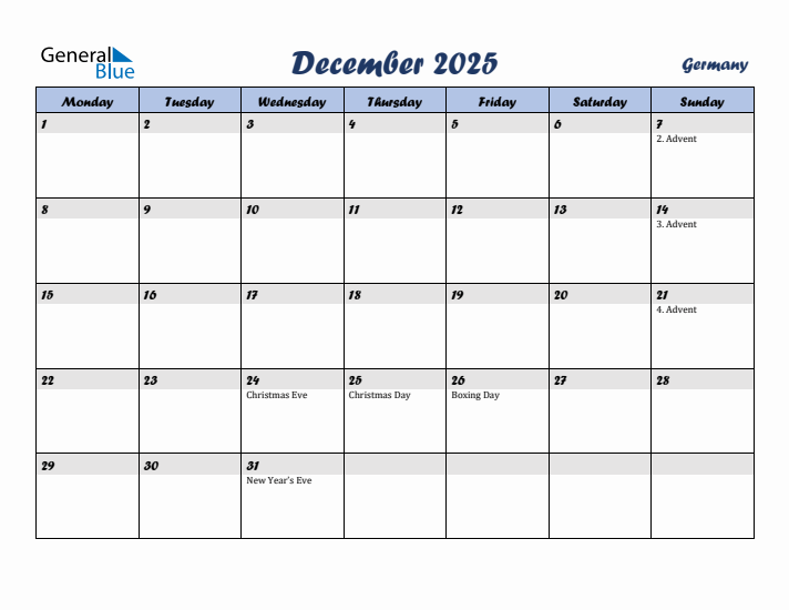December 2025 Calendar with Holidays in Germany