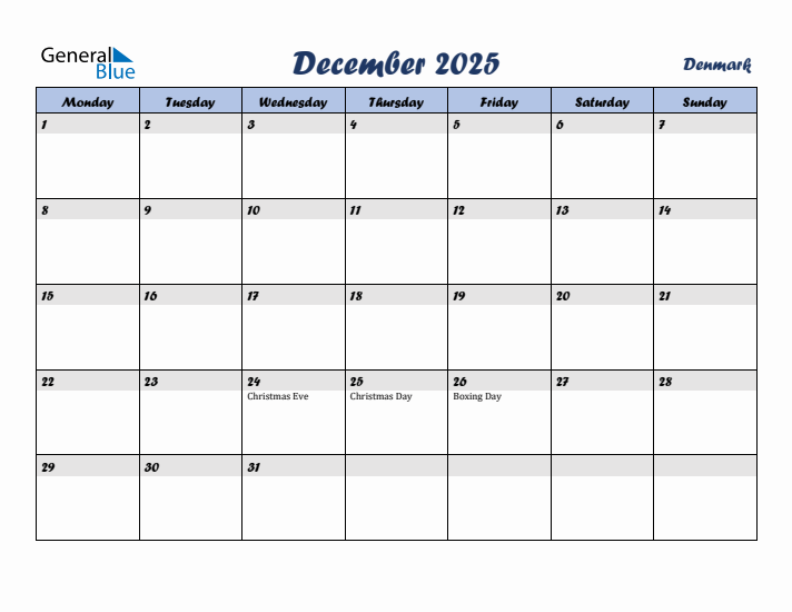 December 2025 Calendar with Holidays in Denmark