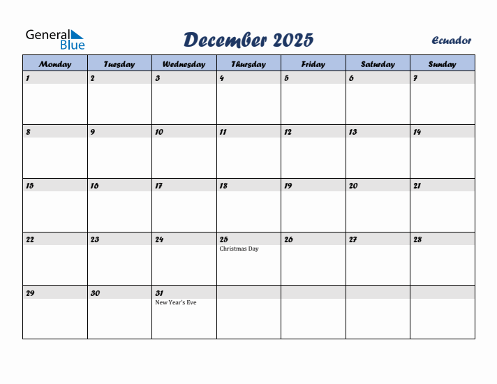 December 2025 Calendar with Holidays in Ecuador