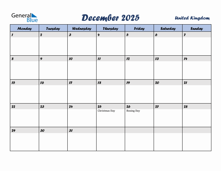 December 2025 Calendar with Holidays in United Kingdom