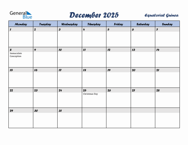 December 2025 Calendar with Holidays in Equatorial Guinea