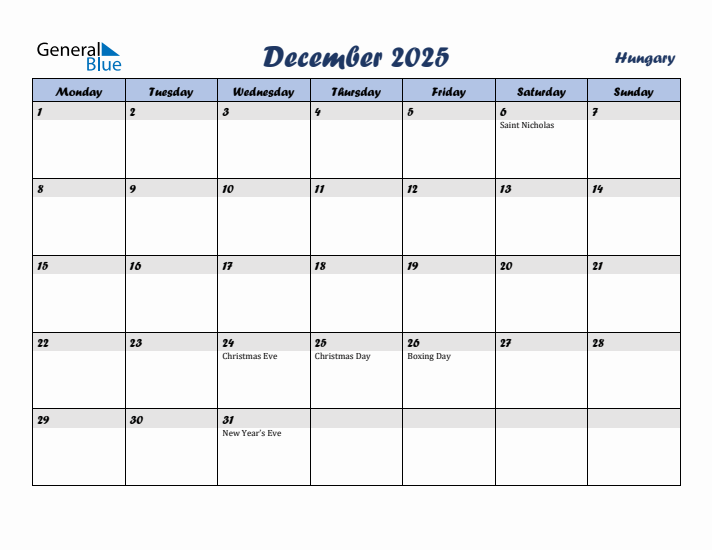 December 2025 Calendar with Holidays in Hungary