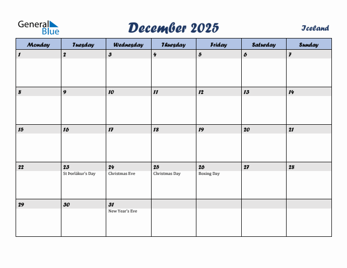 December 2025 Calendar with Holidays in Iceland
