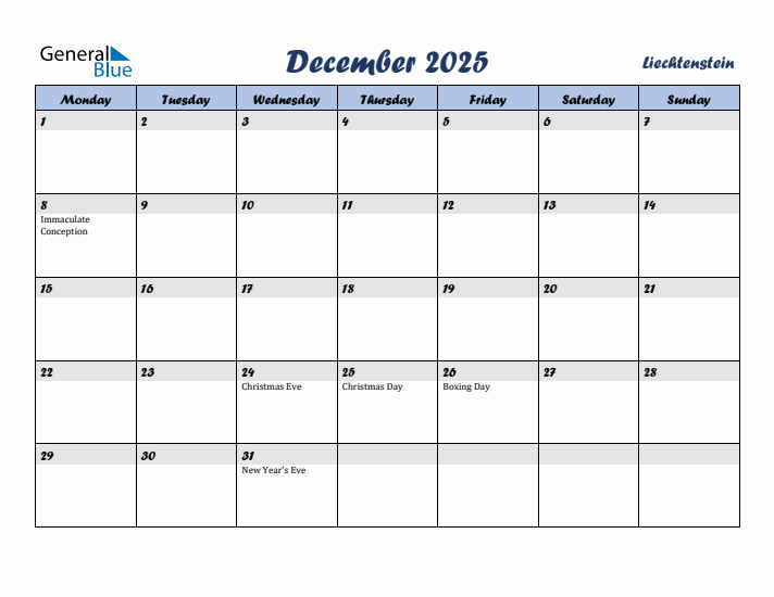 December 2025 Calendar with Holidays in Liechtenstein