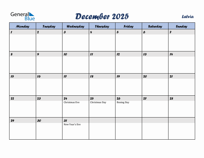 December 2025 Calendar with Holidays in Latvia