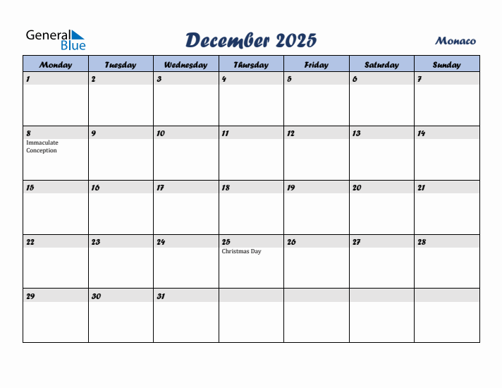 December 2025 Calendar with Holidays in Monaco