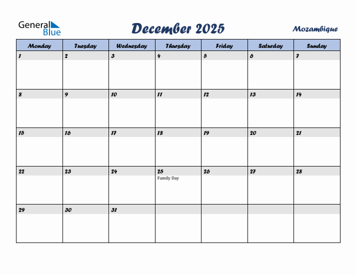 December 2025 Calendar with Holidays in Mozambique
