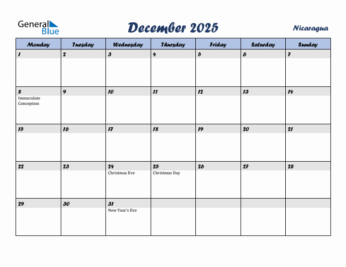 December 2025 Calendar with Holidays in Nicaragua