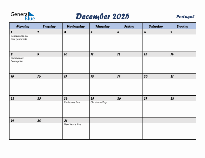 December 2025 Calendar with Holidays in Portugal