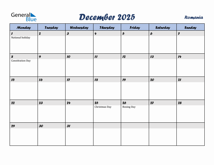 December 2025 Calendar with Holidays in Romania