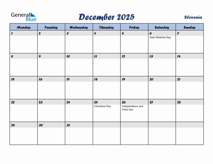 December 2025 Calendar with Holidays in Slovenia