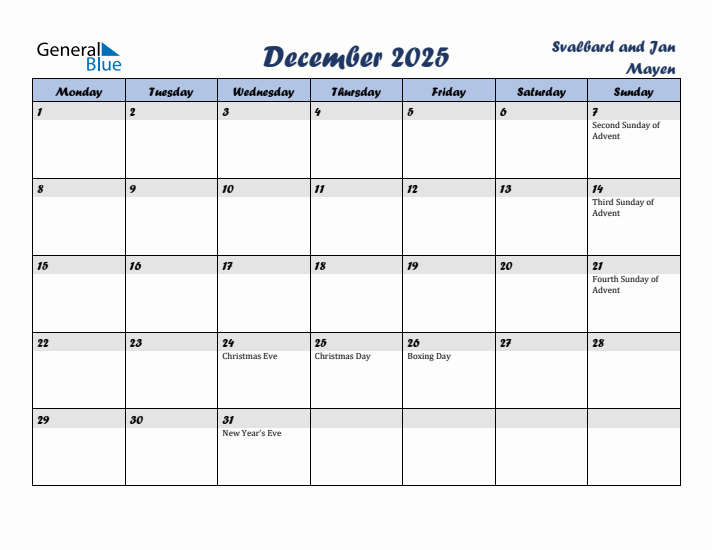 December 2025 Calendar with Holidays in Svalbard and Jan Mayen