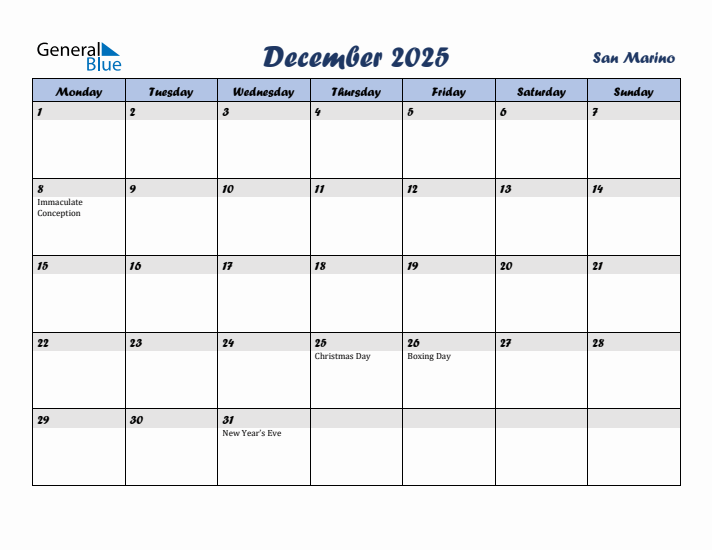December 2025 Calendar with Holidays in San Marino