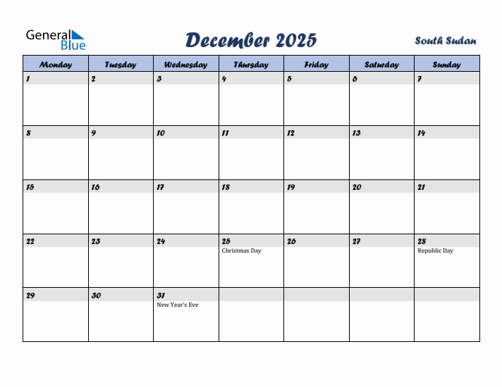 December 2025 Calendar with Holidays in South Sudan
