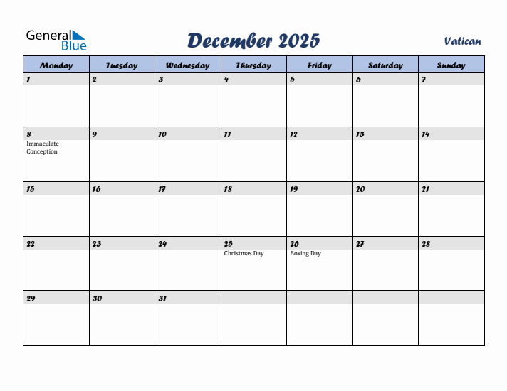 December 2025 Calendar with Holidays in Vatican