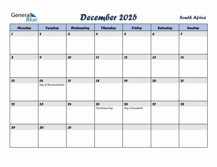 December 2025 Calendar with Holidays in South Africa