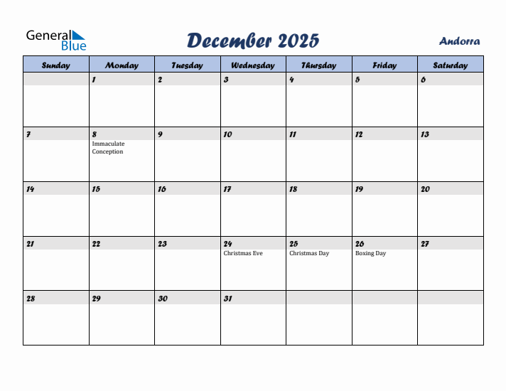 December 2025 Calendar with Holidays in Andorra