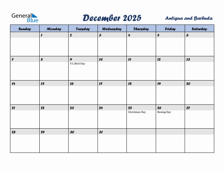 December 2025 Calendar with Holidays in Antigua and Barbuda