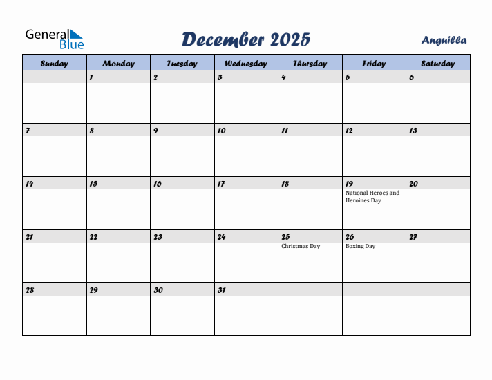 December 2025 Calendar with Holidays in Anguilla