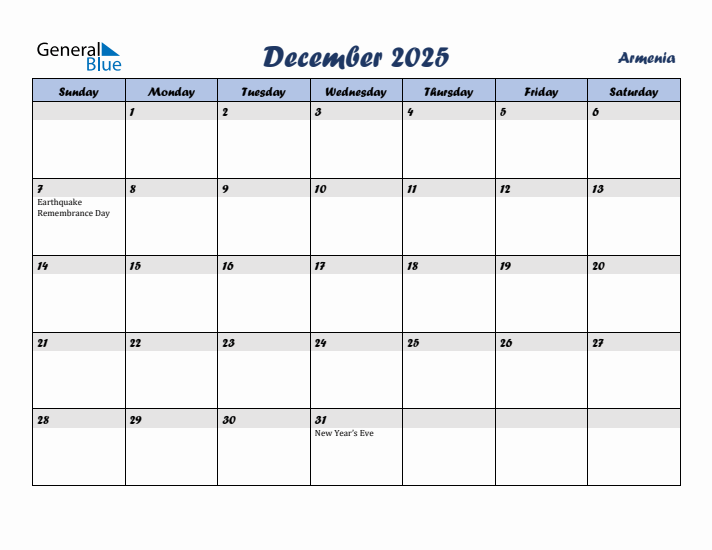 December 2025 Calendar with Holidays in Armenia