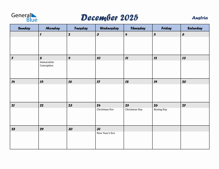 December 2025 Calendar with Holidays in Austria