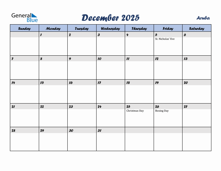 December 2025 Calendar with Holidays in Aruba