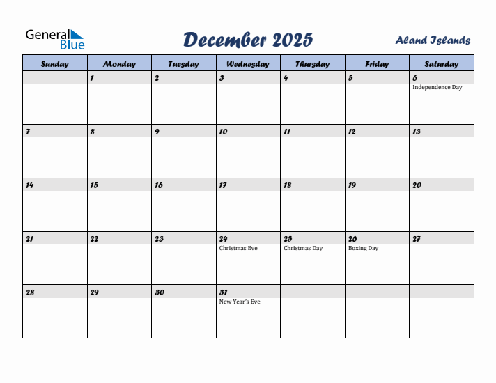 December 2025 Calendar with Holidays in Aland Islands