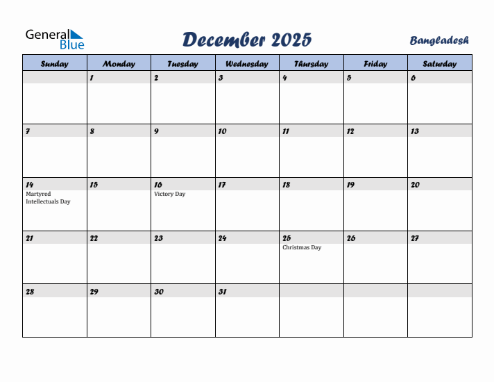 December 2025 Calendar with Holidays in Bangladesh