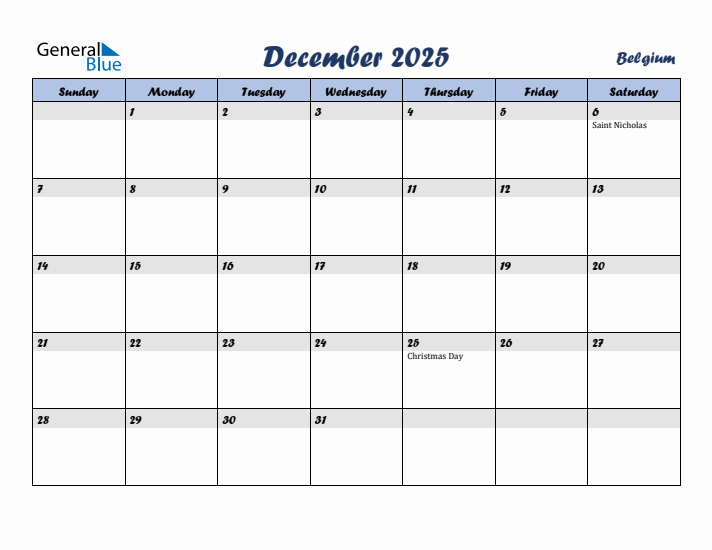 December 2025 Calendar with Holidays in Belgium