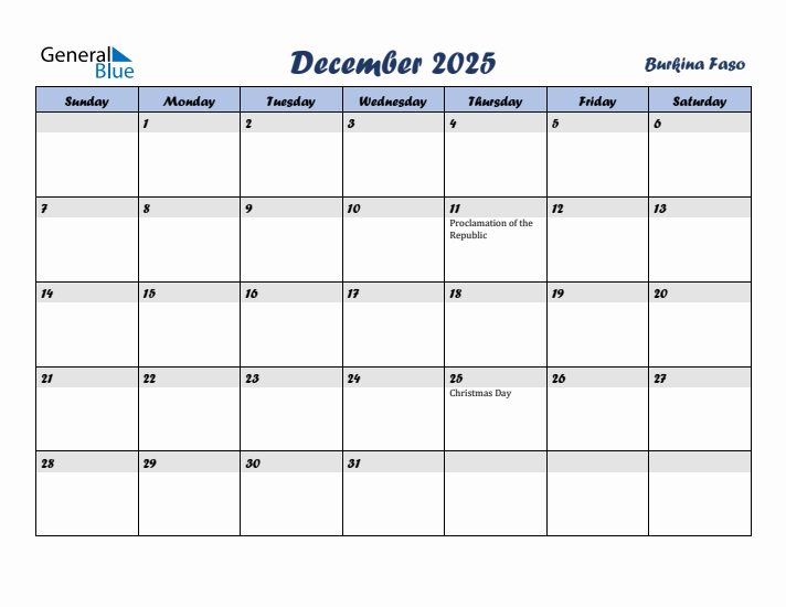December 2025 Calendar with Holidays in Burkina Faso