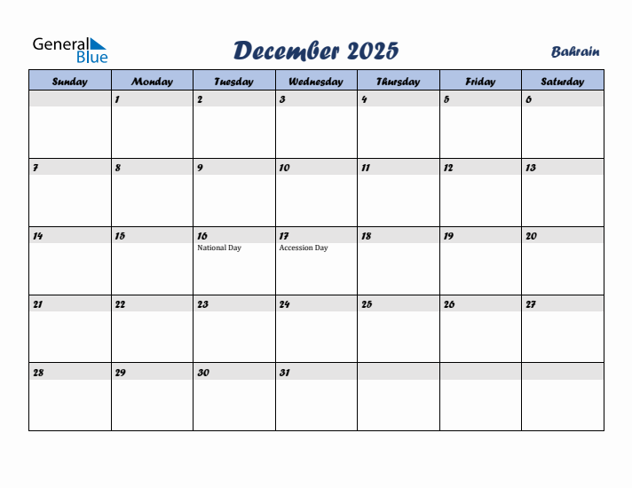 December 2025 Calendar with Holidays in Bahrain