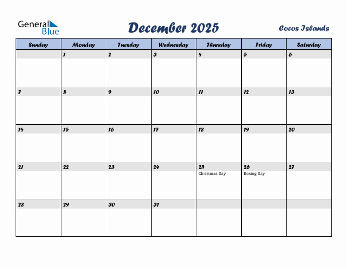December 2025 Calendar with Holidays in Cocos Islands