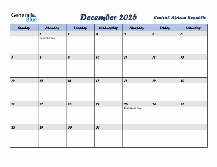 December 2025 Calendar with Holidays in Central African Republic
