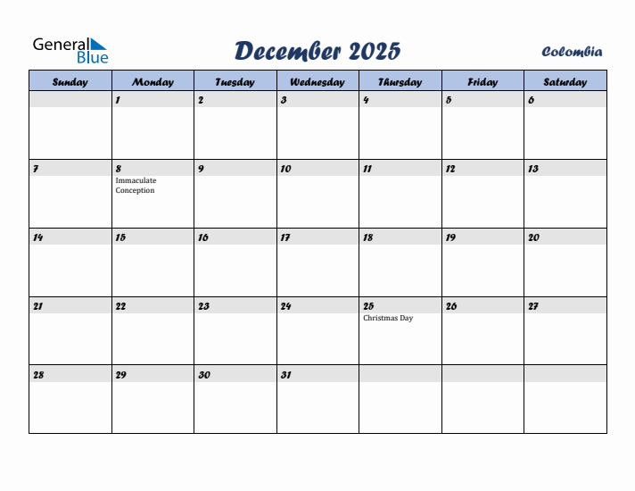 December 2025 Calendar with Holidays in Colombia