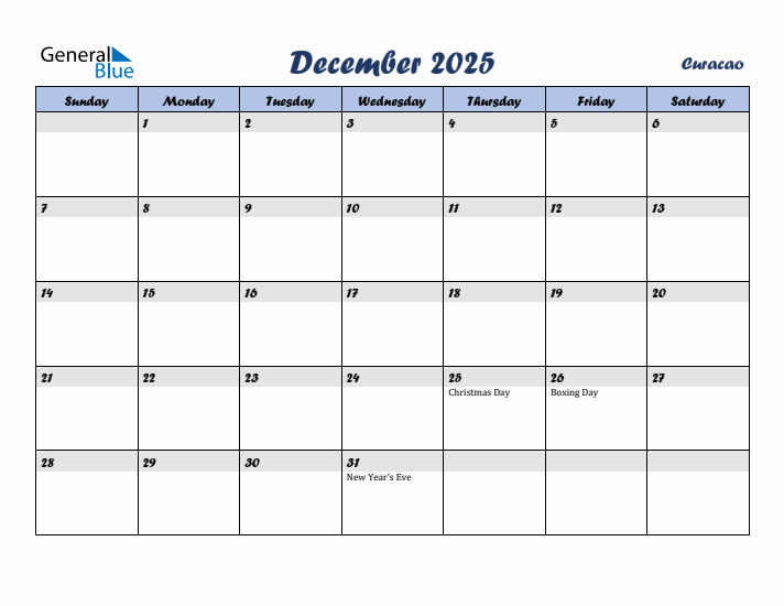 December 2025 Calendar with Holidays in Curacao