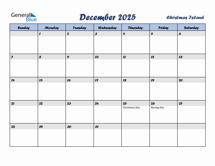 December 2025 Calendar with Holidays in Christmas Island