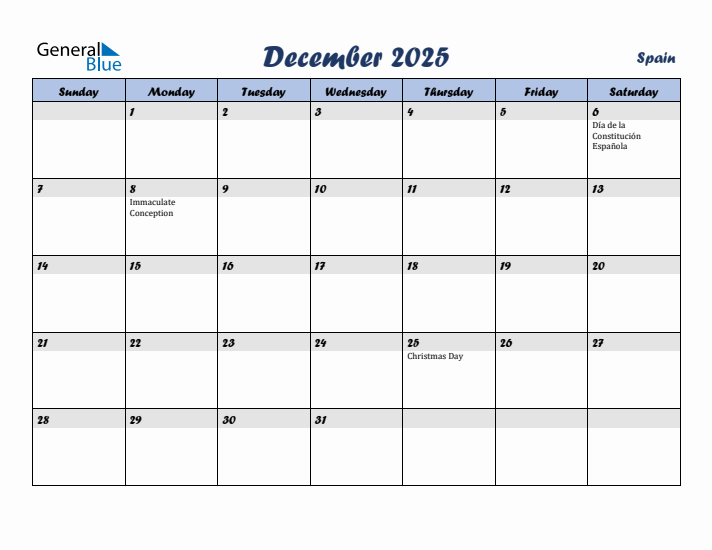 December 2025 Calendar with Holidays in Spain