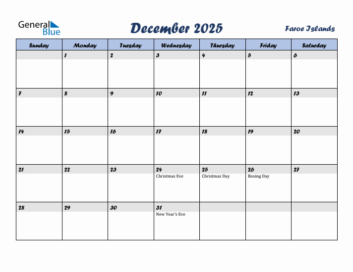 December 2025 Calendar with Holidays in Faroe Islands