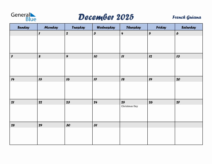 December 2025 Calendar with Holidays in French Guiana