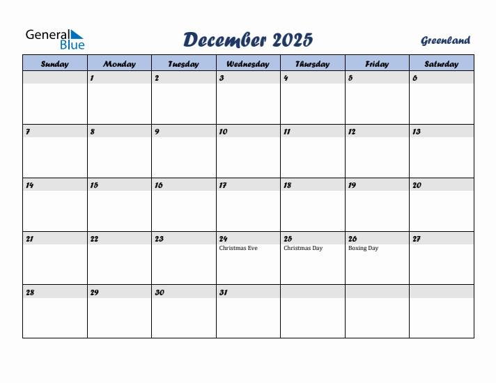 December 2025 Calendar with Holidays in Greenland