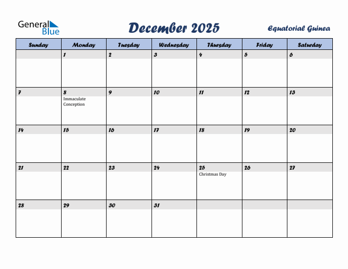December 2025 Calendar with Holidays in Equatorial Guinea