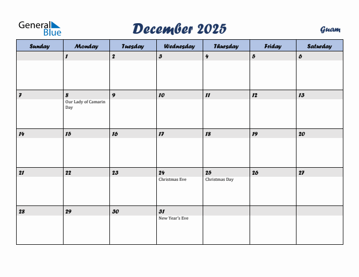 December 2025 Calendar with Holidays in Guam