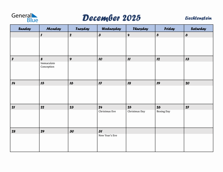 December 2025 Calendar with Holidays in Liechtenstein