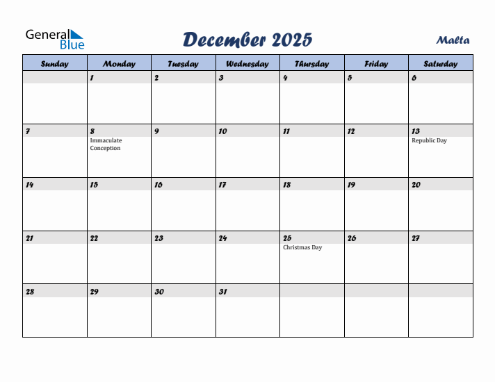 December 2025 Calendar with Holidays in Malta