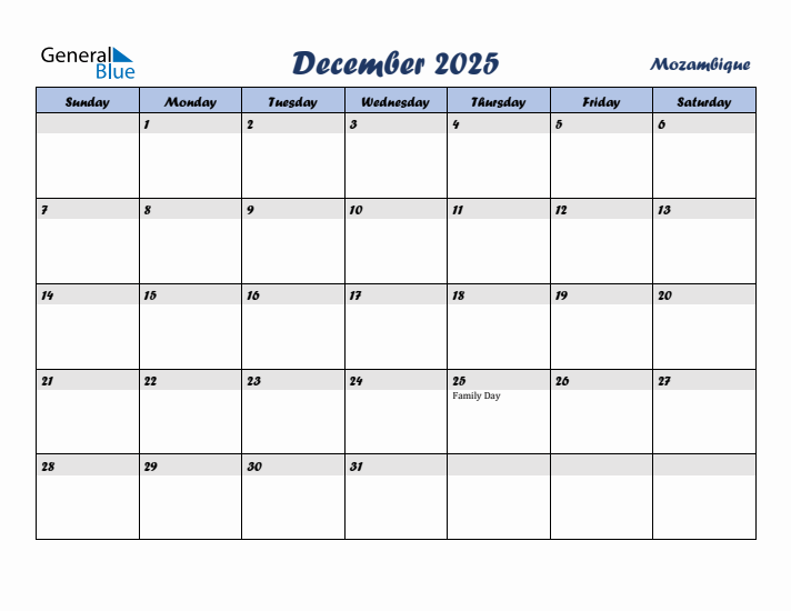 December 2025 Calendar with Holidays in Mozambique