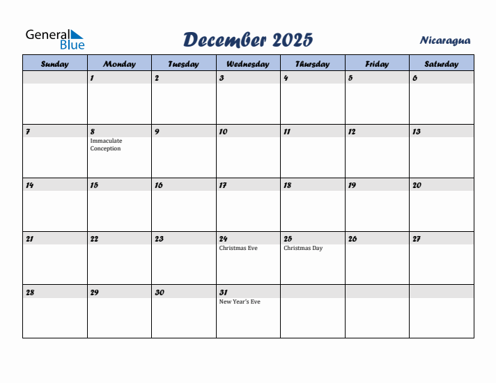 December 2025 Calendar with Holidays in Nicaragua